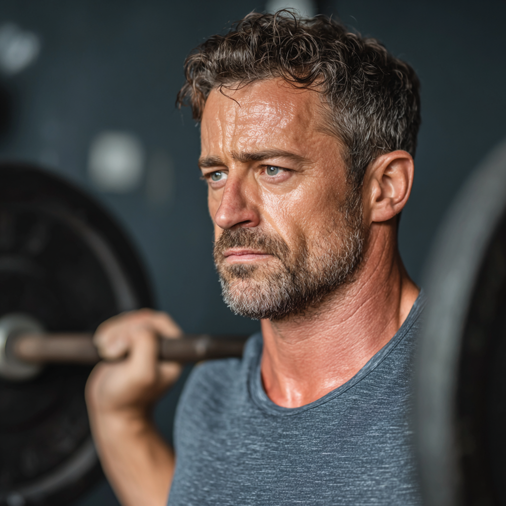 Active middle-aged man in his late 40s performing strength training exercises in a well-equipped gym, demonstrating proper form while lifting weights with focused concentration