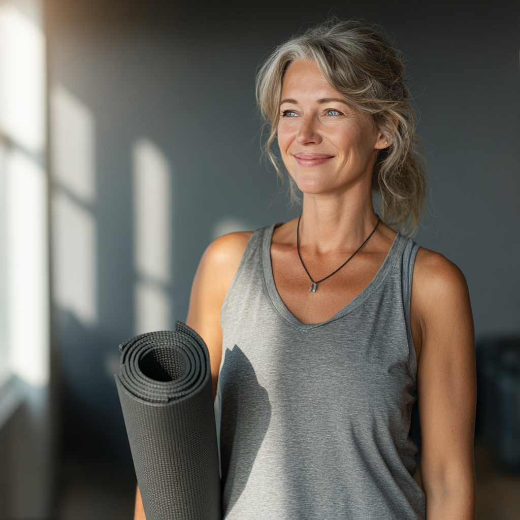 Confident middle-aged woman in her early 50s wearing workout attire, smiling while holding a yoga mat in a bright modern fitness studio with natural lighting